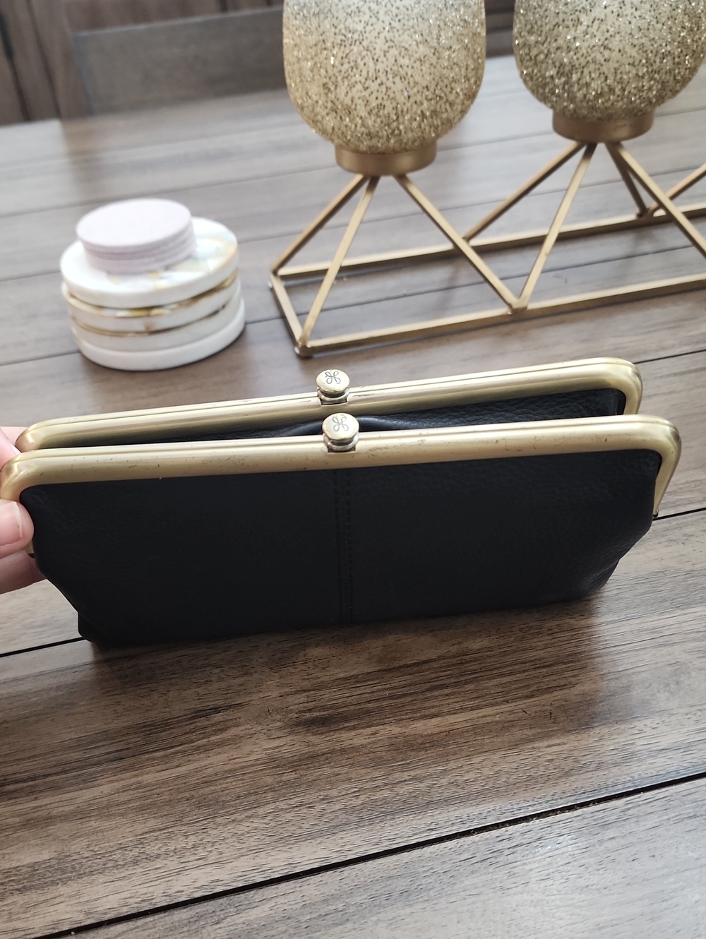 Hobo Classic Black Leather Double-Compartment Clutch with Gold Frame - Picture 8 of 15